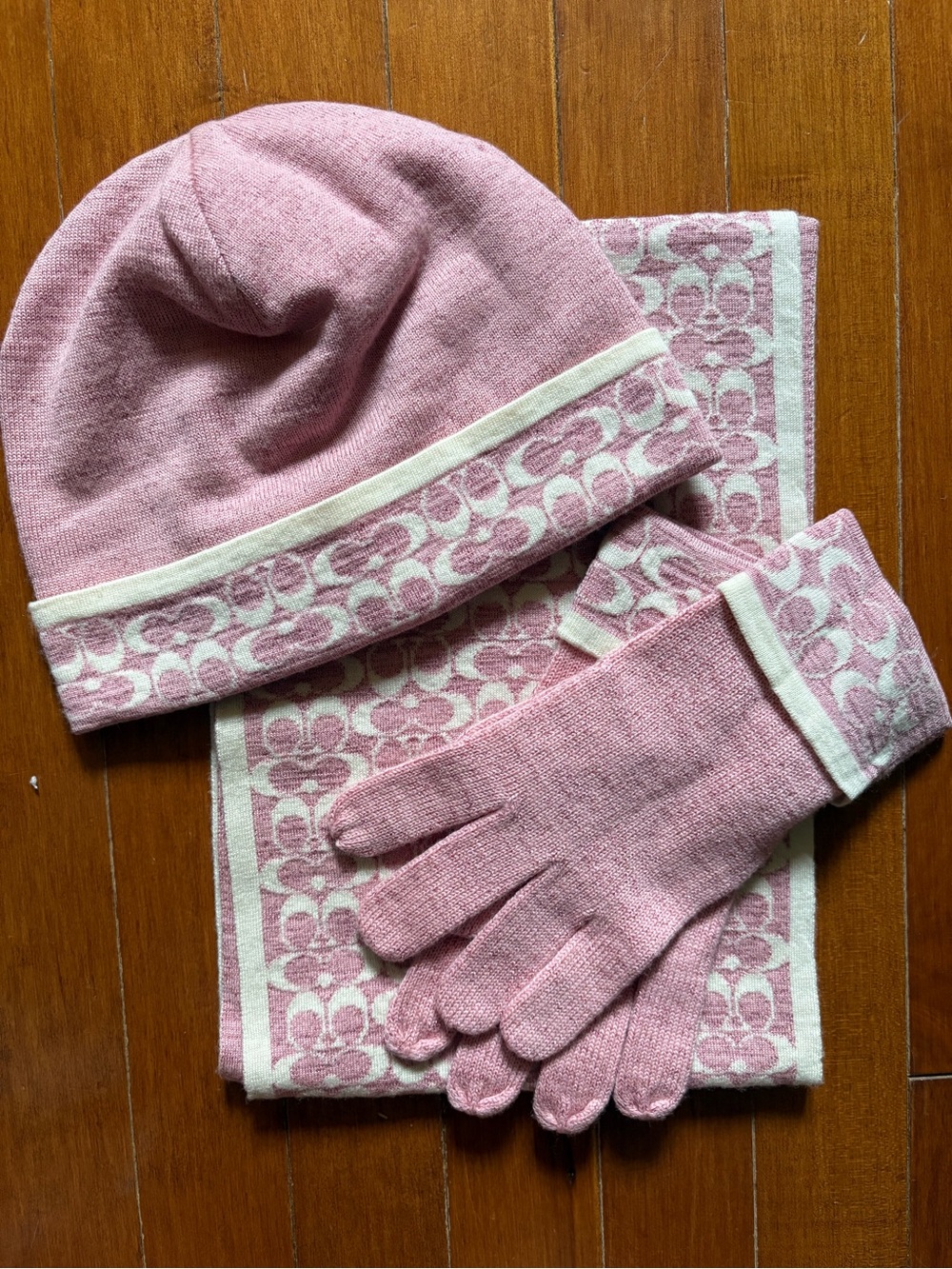 Coach Pink and Cream Logo Knit Hat, Scarf & Gloves Set